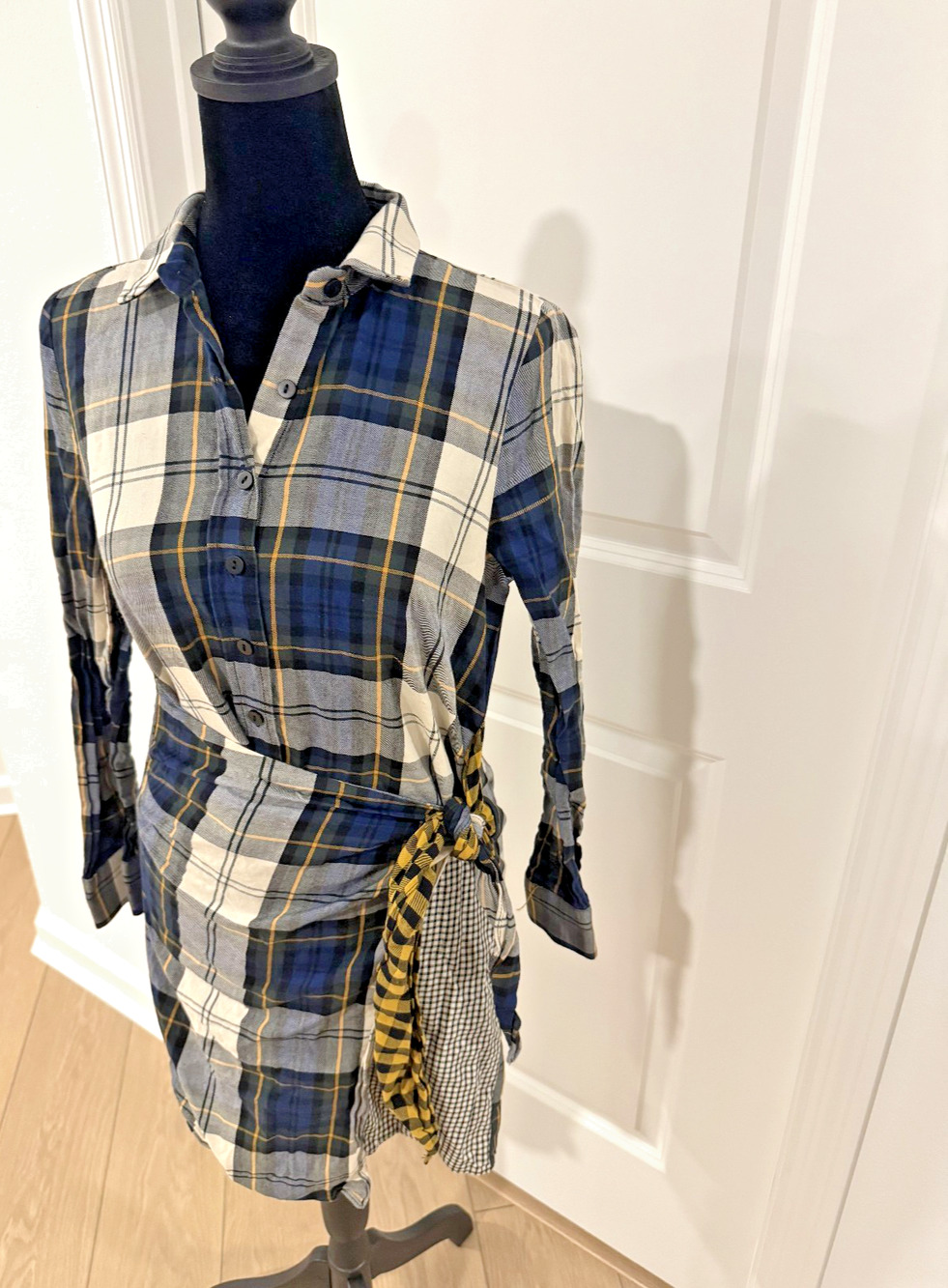 Zara Trafaluc Collection Multi Plaid Button Down Mini Side Tie Dress Womens XS